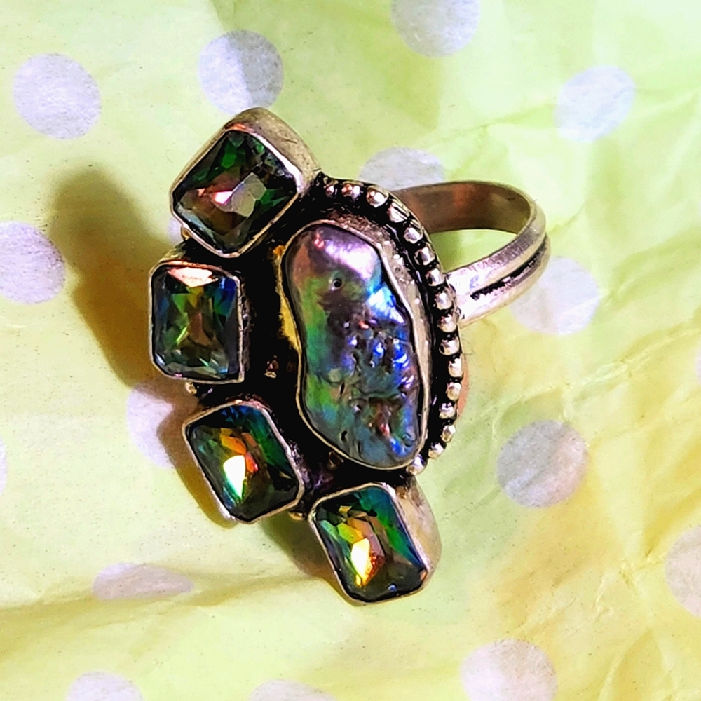 Gorgeous Mystic Topaz/Biwa Pearl Ring. The 2 Make A Great Combina- tion.